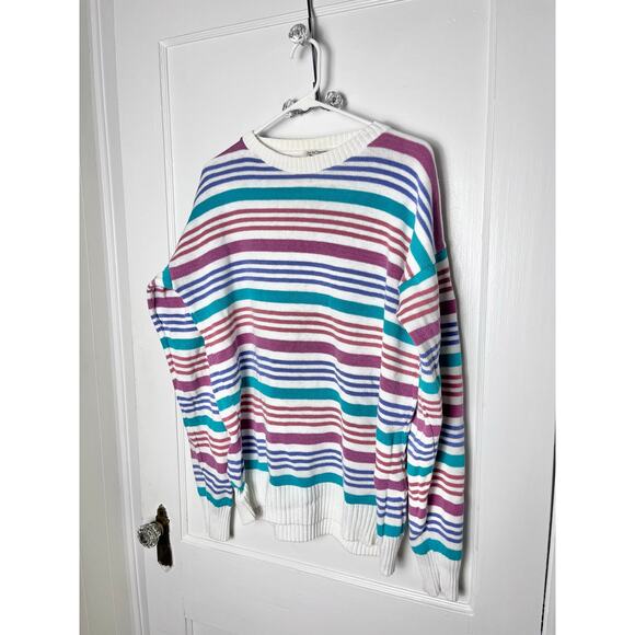 Vintage 90s The Fox Sweater Pink Green Striped Men's XLT Colorful Crewneck - Picture 1 of 5